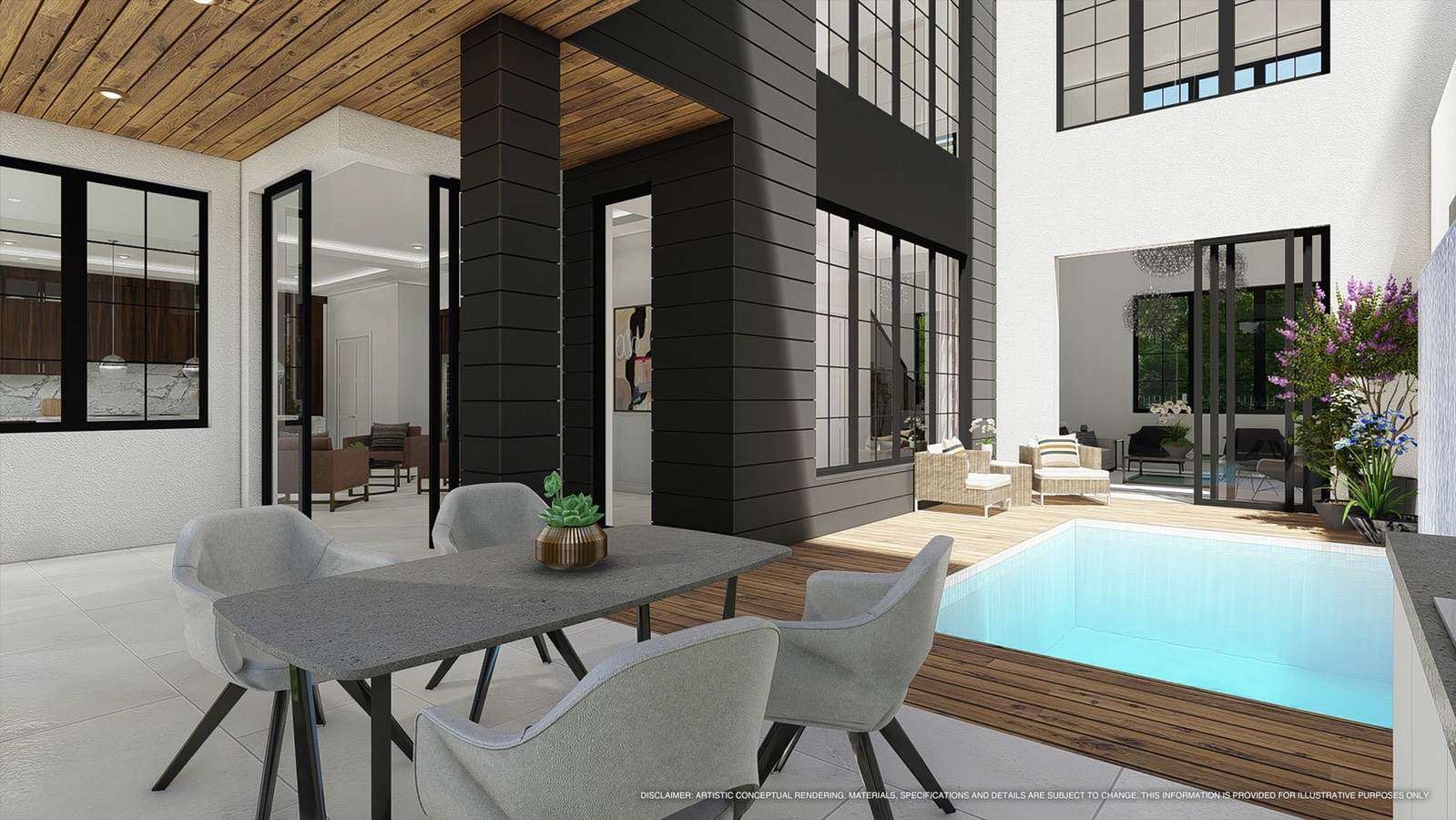 Conceptual rendering of a Central Florida luxury courtyard, pool, and outdoor living space